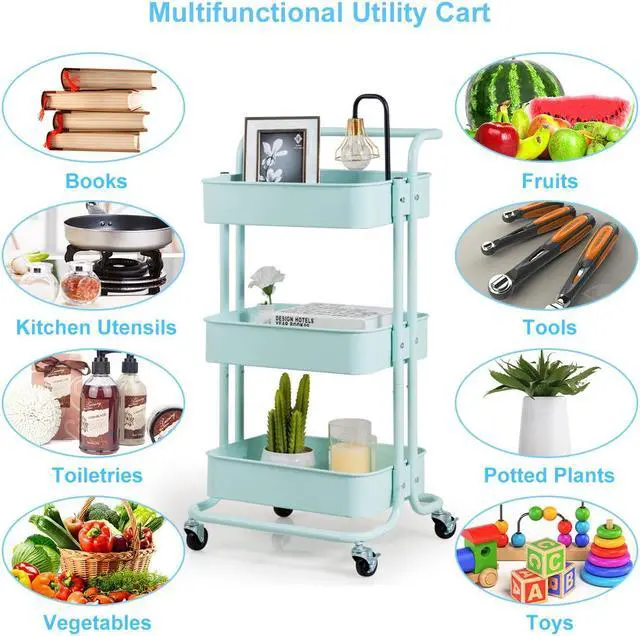 Alt view image 5 of 7 - 3-Tier Metal Rolling Storage Cart Trolley Kitchen 2 Brakes W/Handle Mint Green