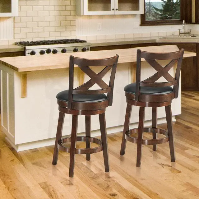 Alt view image 4 of 7 - Costway Set of 2 Bar Stools 24'' Height Wooden Swivel Backed Dining Chair Home Kitchen Cross Back