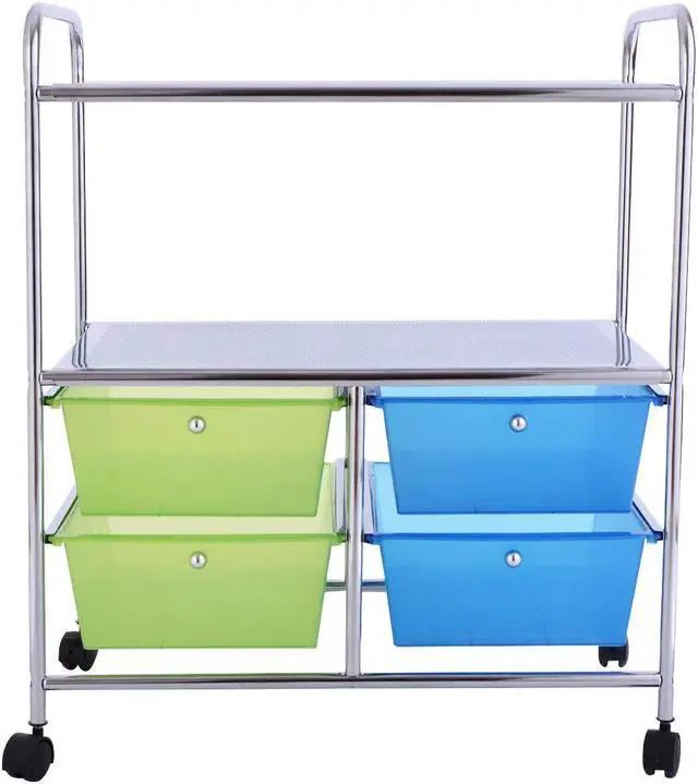 Alt view image 2 of 7 - Costway 4 Drawers Rolling Storage Cart Metal Rack Shelf Home Office Furniture 2 Shelves