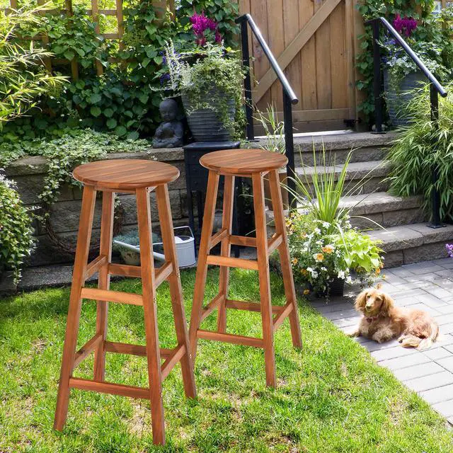 Alt view image 3 of 7 - Set of 2 30''Acacia Wood Barstools Counter Bar Kitchen w/Round Seat & Square Leg