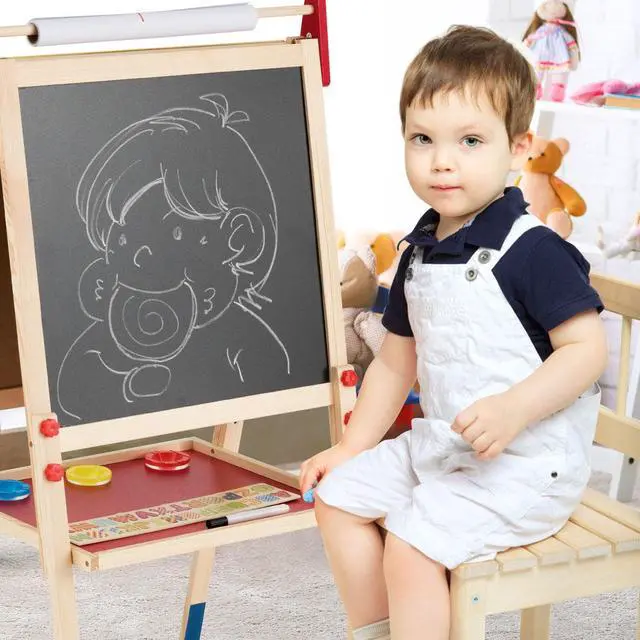 Alt view image 4 of 7 - Costway All-in-One Wooden Kid's Art Easel Height Adjustable Paper Roll