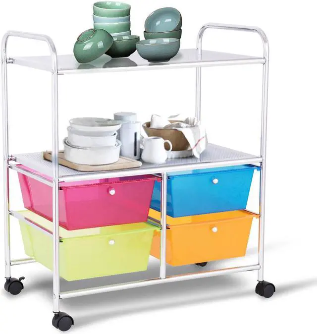 Alt view image 7 of 7 - Costway 4 Multifunctional Drawers Rolling Storage Cart Rack Shelves Shelf Home Office