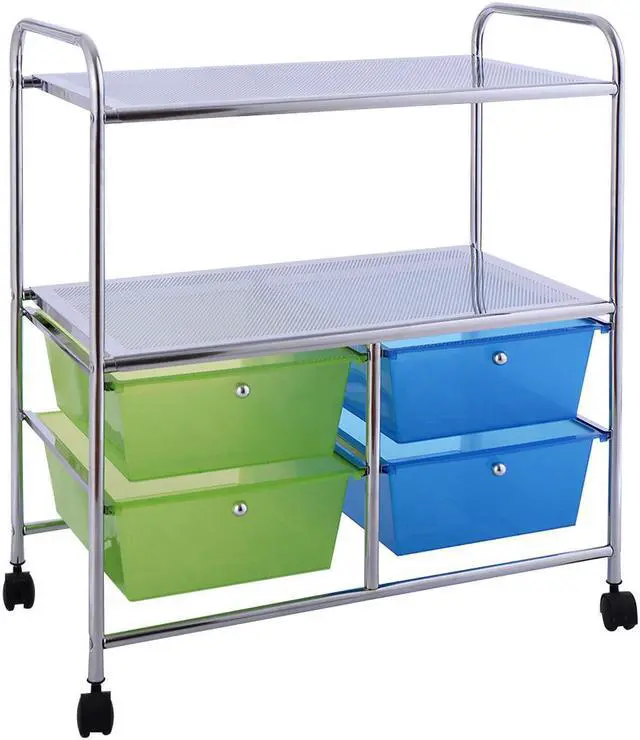 Alt view image 3 of 7 - Costway 4 Drawers Rolling Storage Cart Metal Rack Shelf Home Office Furniture 2 Shelves