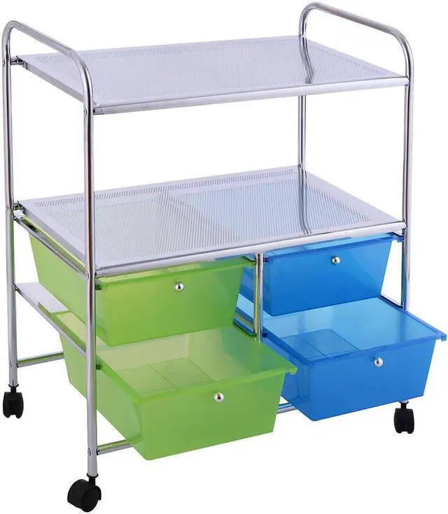 Alt view image 4 of 7 - Costway 4 Drawers Rolling Storage Cart Metal Rack Shelf Home Office Furniture 2 Shelves