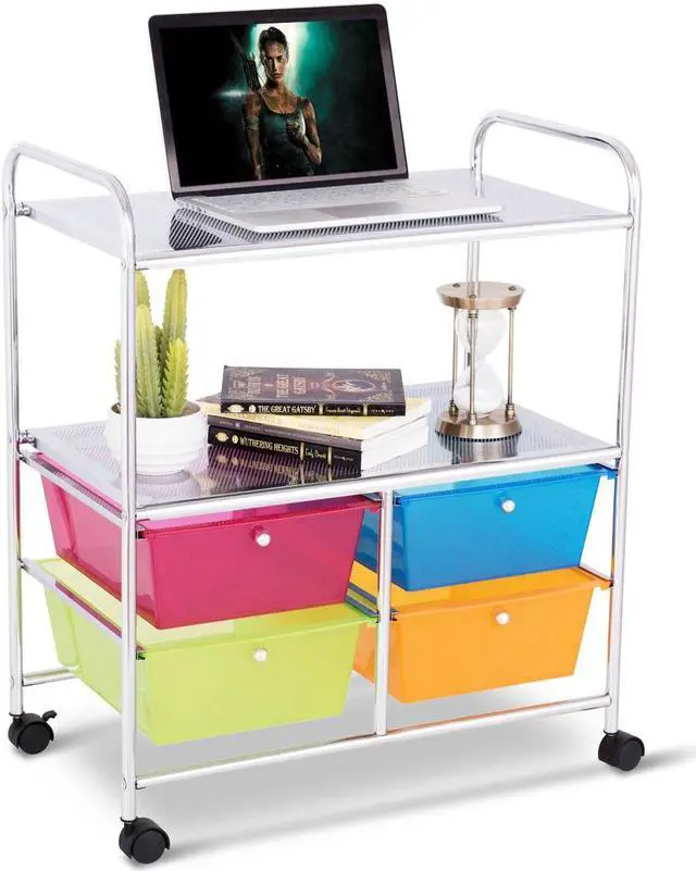 Alt view image 2 of 7 - Costway 4 Multifunctional Drawers Rolling Storage Cart Rack Shelves Shelf Home Office