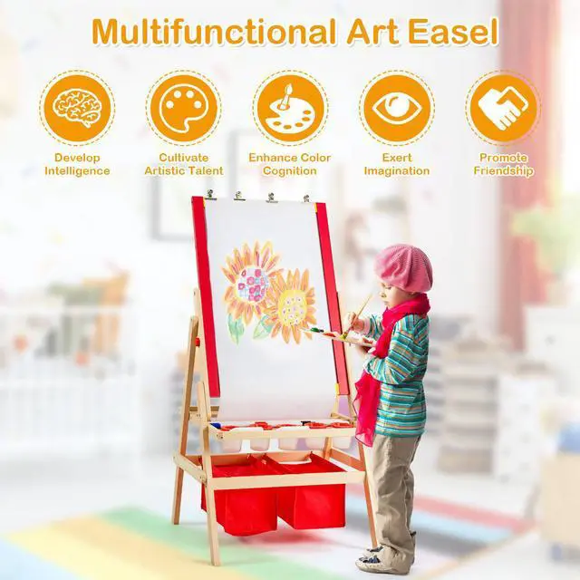 Alt view image 5 of 7 - Costway Flip-Over Double-Sided Kids Art Easel Paper Roll Storage Bins