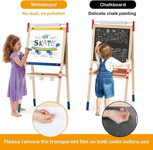 Alt view image 6 of 7 - Costway All-in-One Wooden Kid's Art Easel Height Adjustable Paper Roll