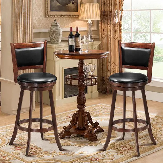 Alt view image 9 of 14 - Costway Set of 2 29'' Swivel Bar Height Stool Wood Dining Chair Upholstered Seat Panel Back Espresso