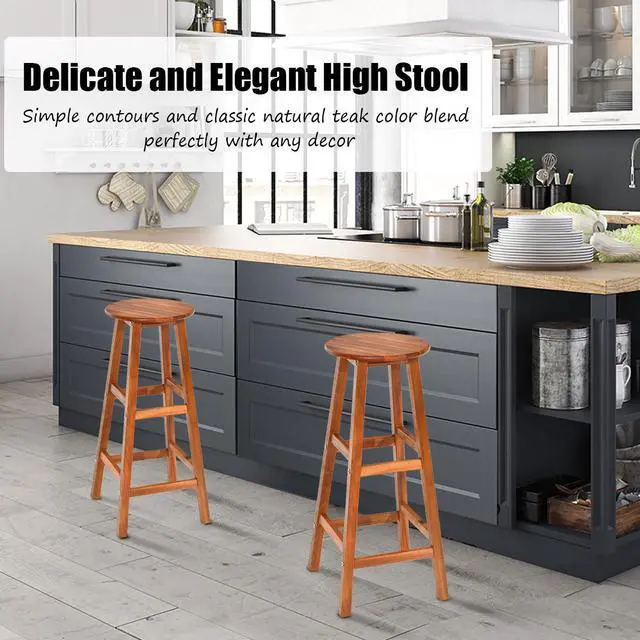 Alt view image 5 of 7 - Set of 2 30''Acacia Wood Barstools Counter Bar Kitchen w/Round Seat & Square Leg