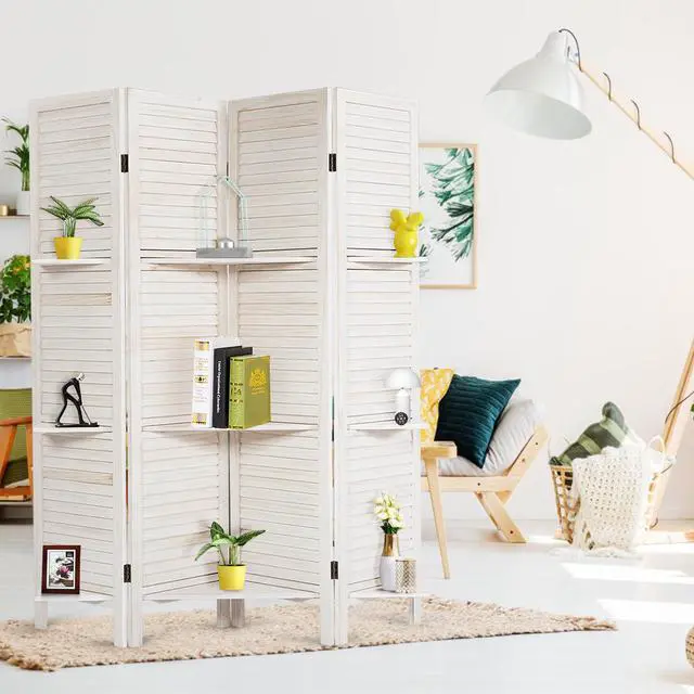 Alt view image 2 of 7 - Costway 4 Panel Folding Room Divider Screen W/3 Display Shelves 5.6 Ft Tall