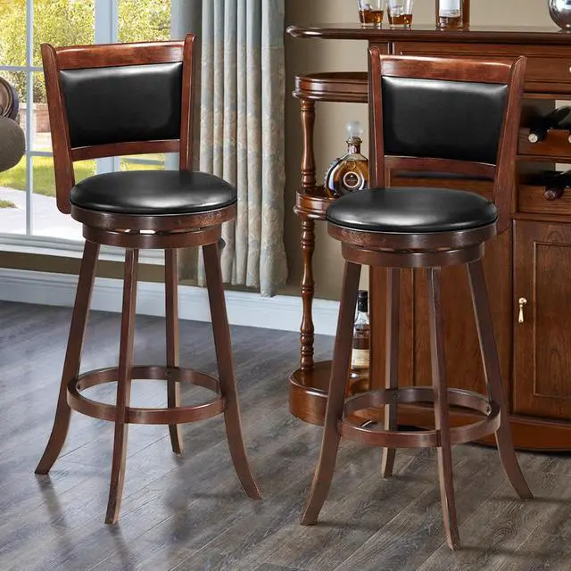 Alt view image 11 of 14 - Costway Set of 2 29'' Swivel Bar Height Stool Wood Dining Chair Upholstered Seat Panel Back Espresso