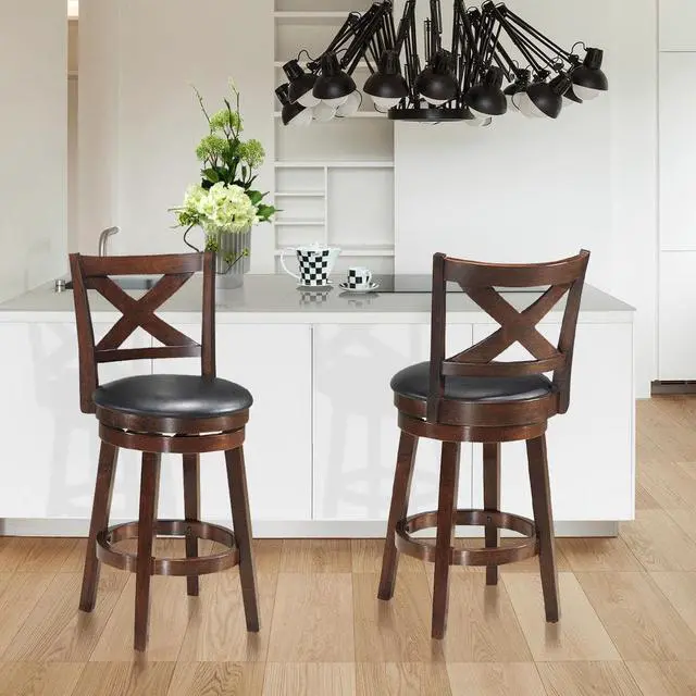 Alt view image 3 of 7 - Costway Set of 2 Bar Stools 24'' Height Wooden Swivel Backed Dining Chair Home Kitchen Cross Back