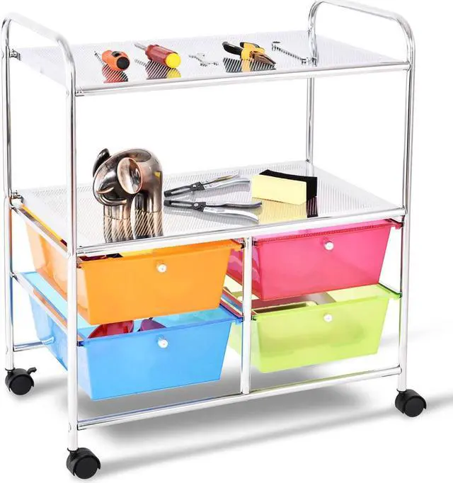 Alt view image 5 of 7 - Costway 4 Multifunctional Drawers Rolling Storage Cart Rack Shelves Shelf Home Office