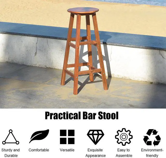 Alt view image 6 of 7 - Set of 2 30''Acacia Wood Barstools Counter Bar Kitchen w/Round Seat & Square Leg