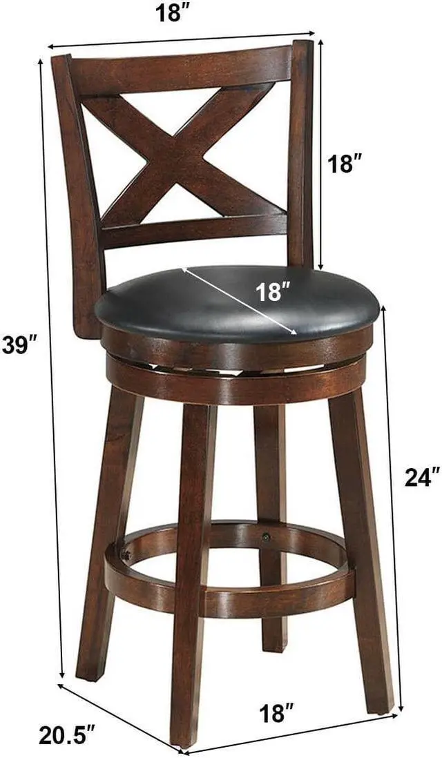 Alt view image 2 of 7 - Costway Set of 2 Bar Stools 24'' Height Wooden Swivel Backed Dining Chair Home Kitchen Cross Back