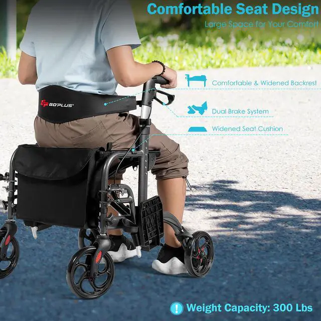 Alt view image 5 of 7 - Goplus Folding Medical Rollator Walker Aluminum Transport Chair Adjustable Handle Black