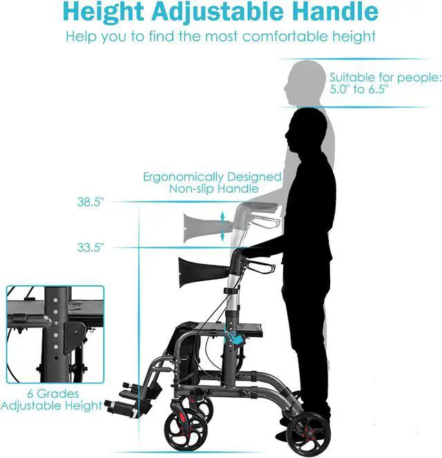 Alt view image 4 of 7 - Goplus Folding Medical Rollator Walker Aluminum Transport Chair Adjustable Handle Black