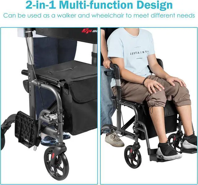 Alt view image 6 of 7 - Goplus Folding Medical Rollator Walker Aluminum Transport Chair Adjustable Handle Black