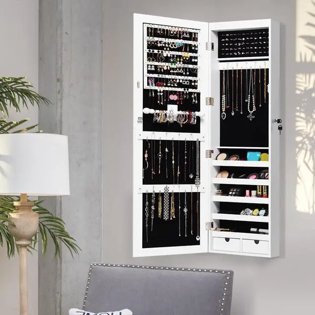 Alt view image 4 of 7 - Wall Mounted Mirrored Jewelry Cabinet Armoire Organizer Lockable w/ LED Lights