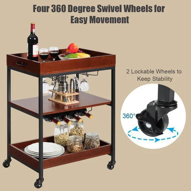 Alt view image 5 of 7 - 3 Tier Trolley Cart Kitchen Island Serving Bar Cart w/ Glass Holder & Wine Rack