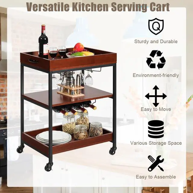 Alt view image 4 of 7 - 3 Tier Trolley Cart Kitchen Island Serving Bar Cart w/ Glass Holder & Wine Rack