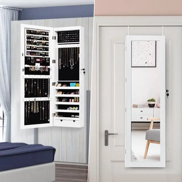 Alt view image 6 of 7 - Wall Mounted Mirrored Jewelry Cabinet Armoire Organizer Lockable w/ LED Lights