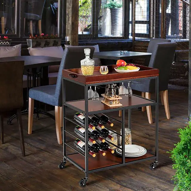 Alt view image 4 of 7 - 3 Tier Storage Kitchen Trolley Utility Bar Serving Cart w/Wine Rack&Glass Holder