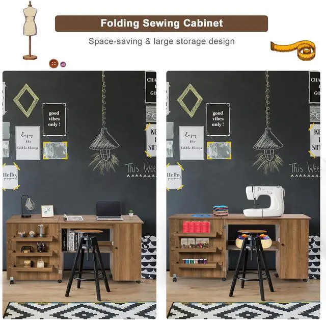Alt view image 5 of 7 - Costway Folding Sewing Table Shelves Storage Cabinet Craft Cart W/Wheels Large Natural