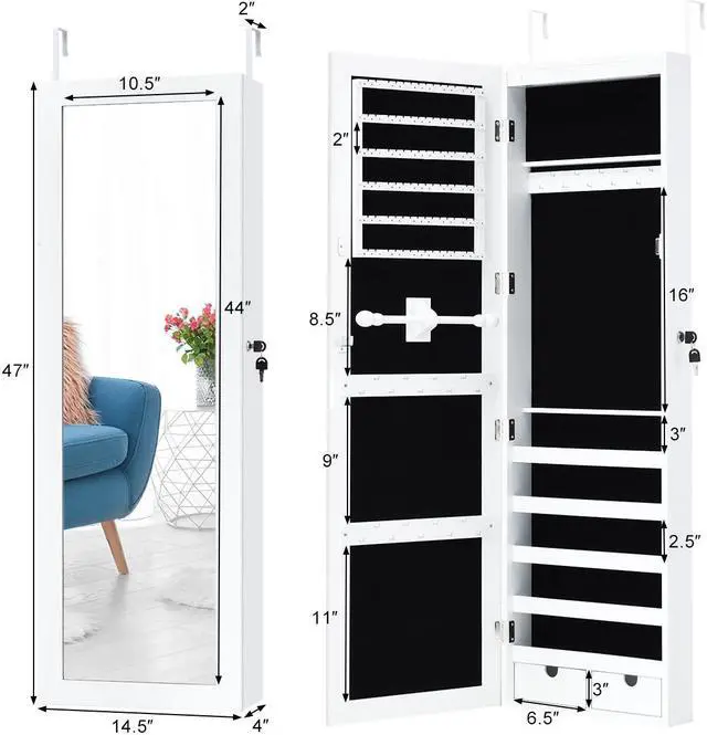 Alt view image 2 of 7 - Wall Mounted Mirrored Jewelry Cabinet Armoire Organizer Lockable w/ LED Lights