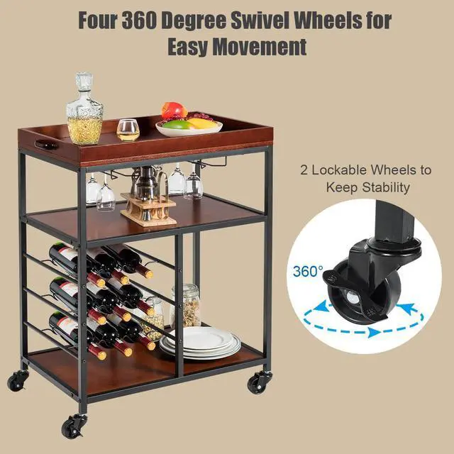 Alt view image 6 of 7 - 3 Tier Storage Kitchen Trolley Utility Bar Serving Cart w/Wine Rack&Glass Holder