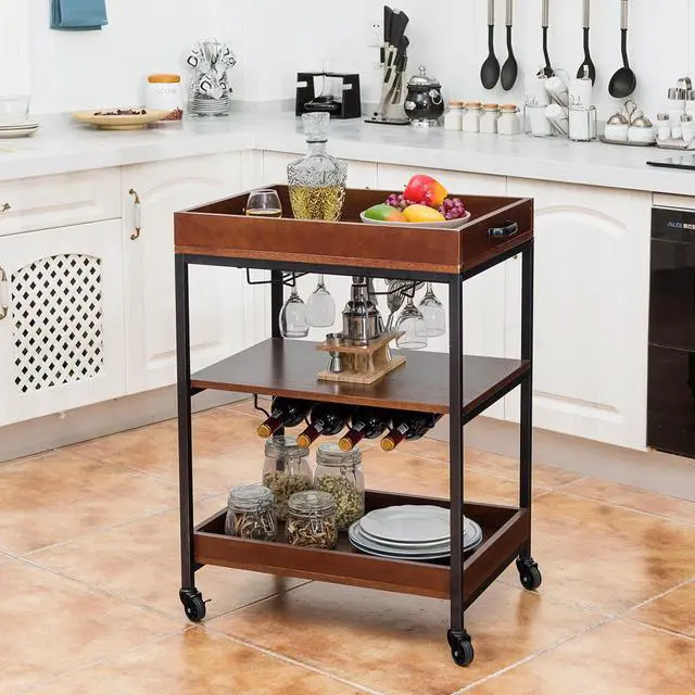 Alt view image 3 of 7 - 3 Tier Trolley Cart Kitchen Island Serving Bar Cart w/ Glass Holder & Wine Rack