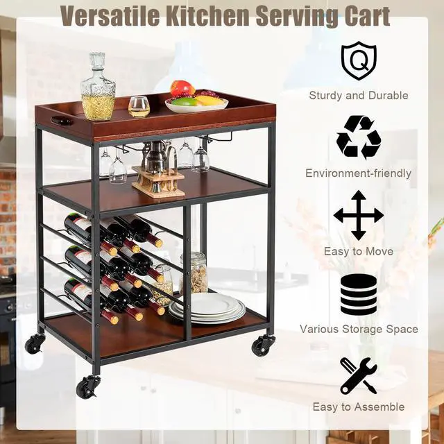 Alt view image 5 of 7 - 3 Tier Storage Kitchen Trolley Utility Bar Serving Cart w/Wine Rack&Glass Holder