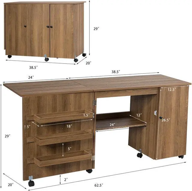 Alt view image 3 of 7 - Costway Folding Sewing Table Shelves Storage Cabinet Craft Cart W/Wheels Large Natural