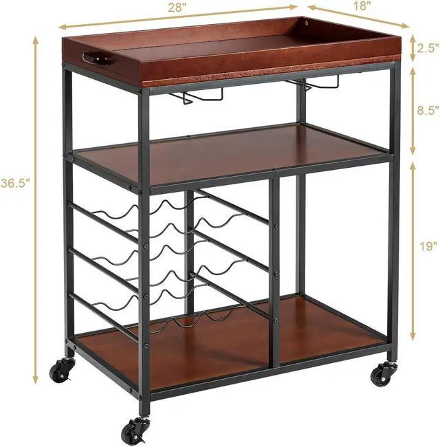 Alt view image 2 of 7 - 3 Tier Storage Kitchen Trolley Utility Bar Serving Cart w/Wine Rack&Glass Holder