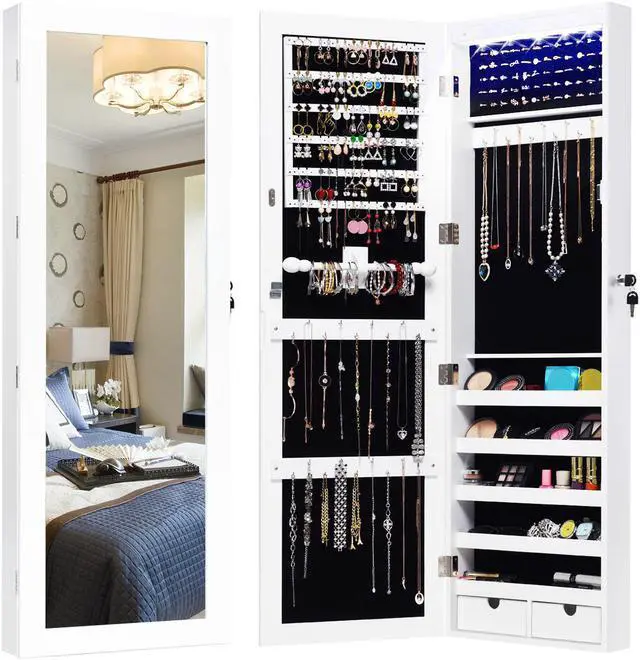 Main image of Wall Mounted Mirrored Jewelry Cabinet Armoire Organizer Lockable w/ LED Lights