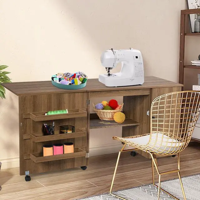 Alt view image 2 of 7 - Costway Folding Sewing Table Shelves Storage Cabinet Craft Cart W/Wheels Large Natural
