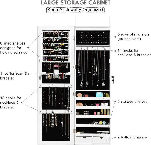 Alt view image 7 of 7 - Wall Mounted Mirrored Jewelry Cabinet Armoire Organizer Lockable w/ LED Lights