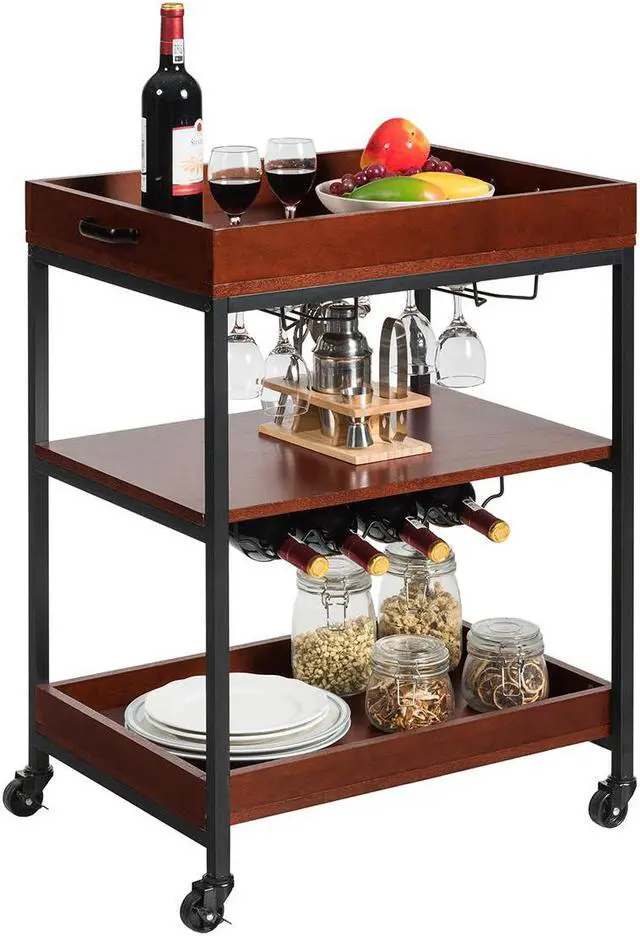 Alt view image 7 of 7 - 3 Tier Trolley Cart Kitchen Island Serving Bar Cart w/ Glass Holder & Wine Rack