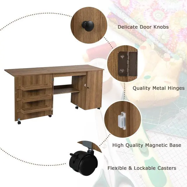 Alt view image 7 of 7 - Costway Folding Sewing Table Shelves Storage Cabinet Craft Cart W/Wheels Large Natural