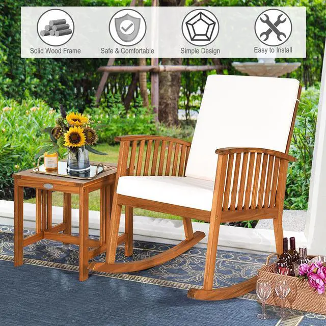 Alt view image 6 of 7 - Costway 2PCS Acacia Wood Patio Rocking Chair Set Cushioned Coffee Table