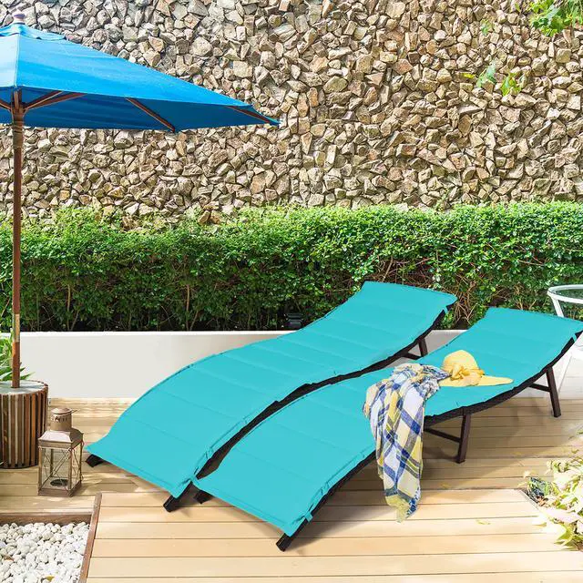 Alt view image 2 of 7 - Costway 2PCS Patio Rattan Folding Lounge Chair Chaise Double Sided Cushion Turquoise