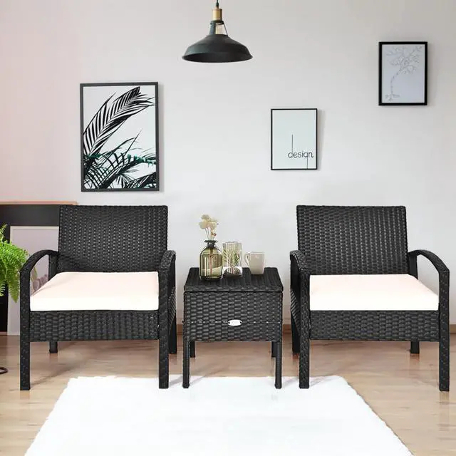 Alt view image 4 of 7 - Costway 3PC Outdoor Patio Rattan Furniture Set Storage Coffee Table Cushioned Sofa White