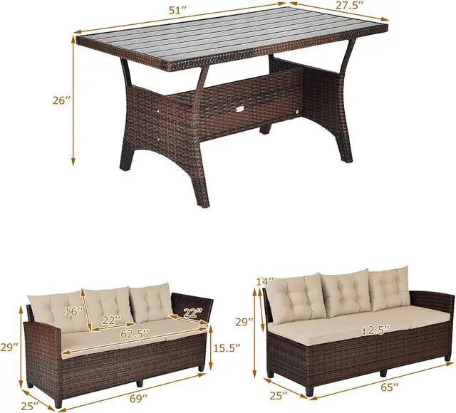 Alt view image 3 of 7 - Costway 3PCS Rattan Dining Set Patio Furniture 6 Seats Sofa Cushioned