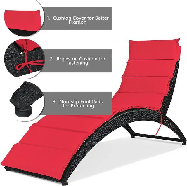 Alt view image 4 of 7 - Costway Folding Patio Rattan Lounge Chair Chaise Cushioned Portable Garden Lawn Red