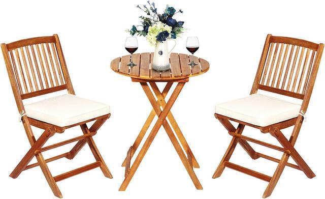 Costway 3pcs Patio Folding Wooden Bistro Set Cushioned Chair Conversation Cream Cushion