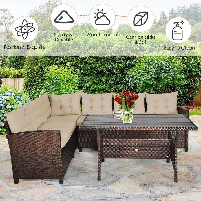Alt view image 5 of 7 - Costway 3PCS Rattan Dining Set Patio Furniture 6 Seats Sofa Cushioned