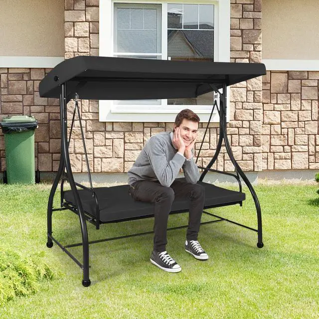 Alt view image 4 of 11 - Costway Converting Outdoor Swing Canopy Hammock 3 Seats Patio Deck Furniture Black