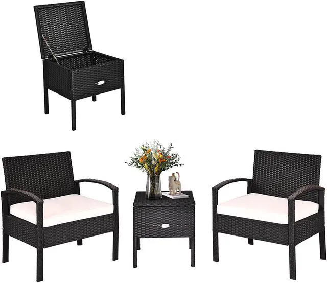 Alt view image 2 of 7 - Costway 3PC Outdoor Patio Rattan Furniture Set Storage Coffee Table Cushioned Sofa White