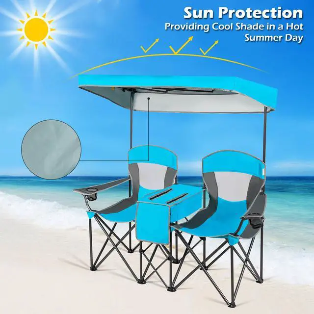 Alt view image 4 of 7 - Goplus Portable Folding Camping Canopy Chairs w/ Cup Holder Cooler Outdoor Blue