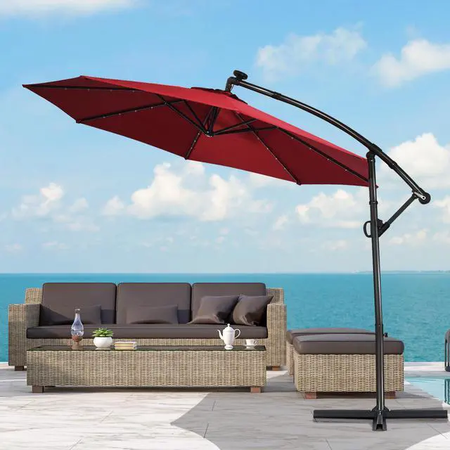 Alt view image 5 of 6 - Costway 10FT Patio Offset Umbrella Solar LED 360degrees Rotation Wine